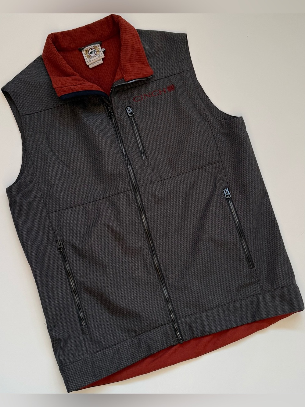 Cinch Men’s S Textured Bonded Stone Full Zip Vest Gray Softshell Fleece Lined